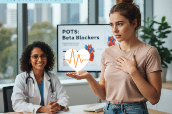 A young woman with her hand on her chest holds a glowing heart icon while speaking to a smiling doctor in an office. Behind them, a screen shows “POTS: Beta Blockers.”