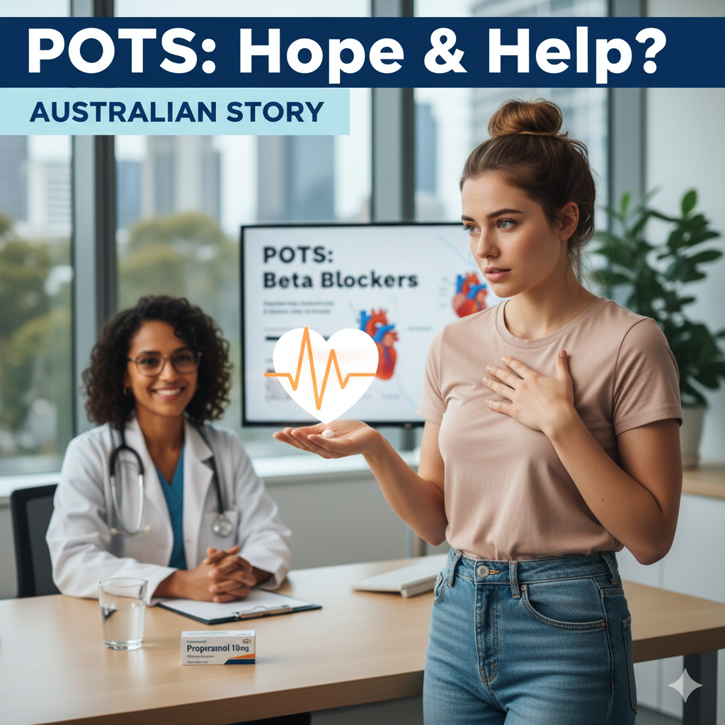 A young woman with her hand on her chest holds a glowing heart icon while speaking to a smiling doctor in an office. Behind them, a screen shows “POTS: Beta Blockers.”