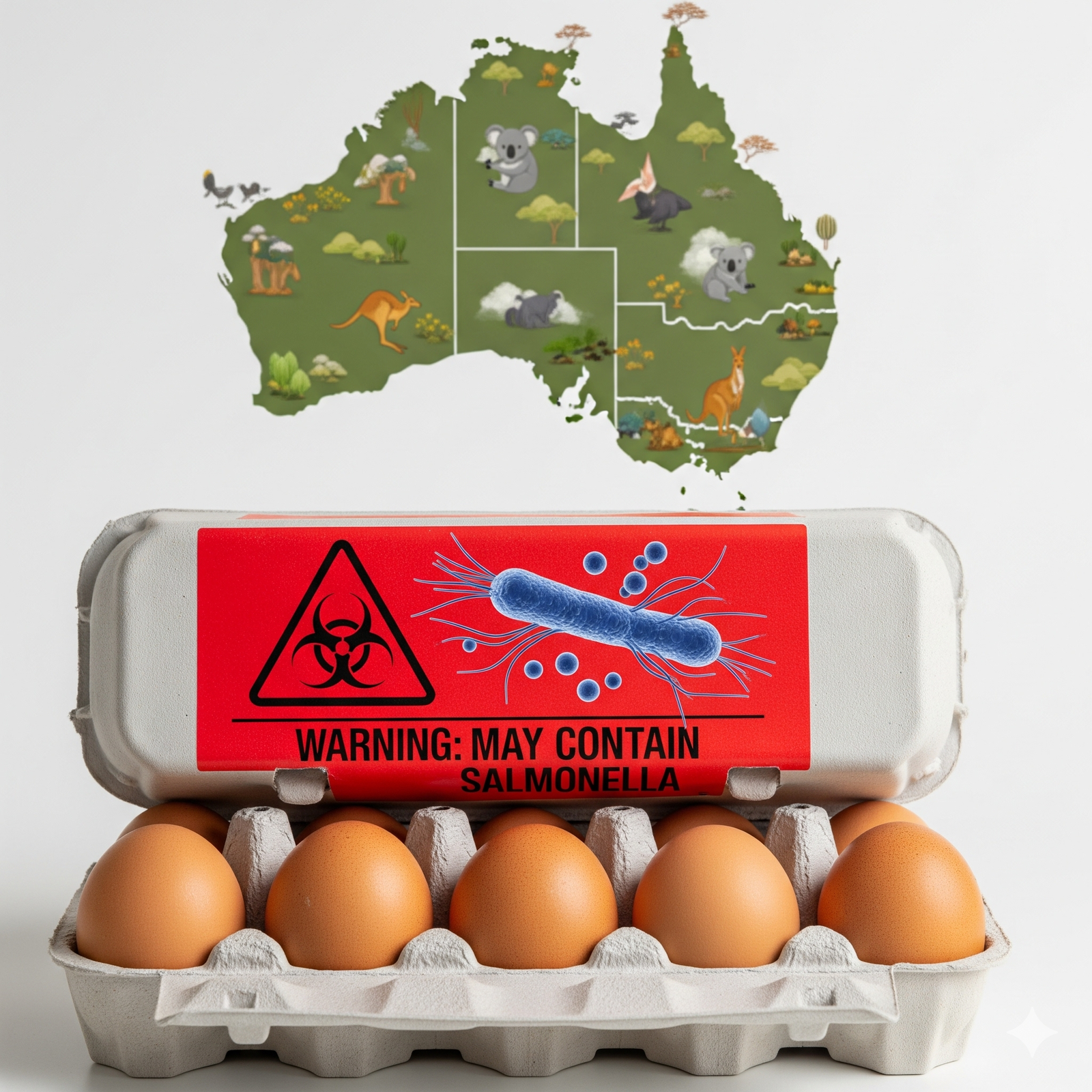 A carton of brown eggs with a prominent red warning label on top that reads "WARNING: MAY CONTAIN SALMONELLA" and features a biohazard symbol and a microscopic view of salmonella bacteria.