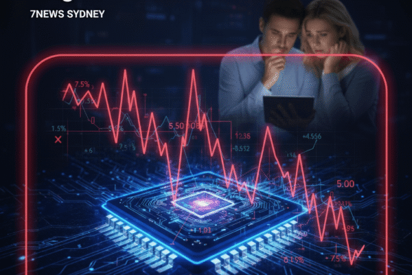 A dark blue financial chart background featuring a downward-trending stock graph, with a glowing green AI chip displaying a digital brain pattern at the center.