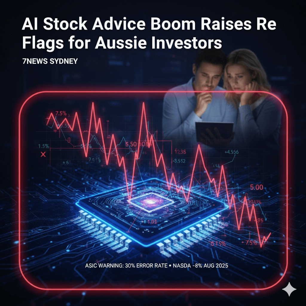 A dark blue financial chart background featuring a downward-trending stock graph, with a glowing green AI chip displaying a digital brain pattern at the center.