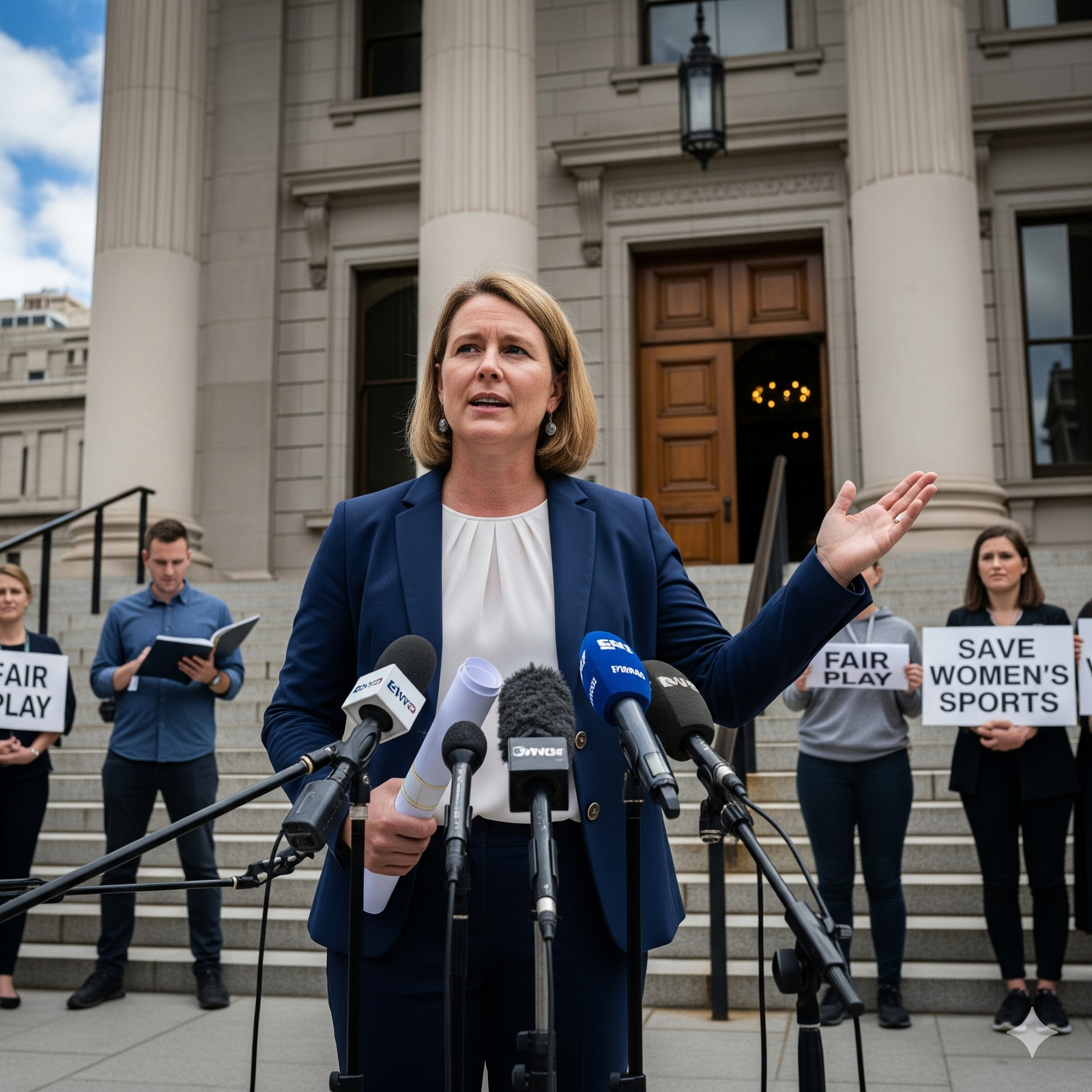 A woman in a blue blazer speaks at a press conference on the steps of a courthouse.