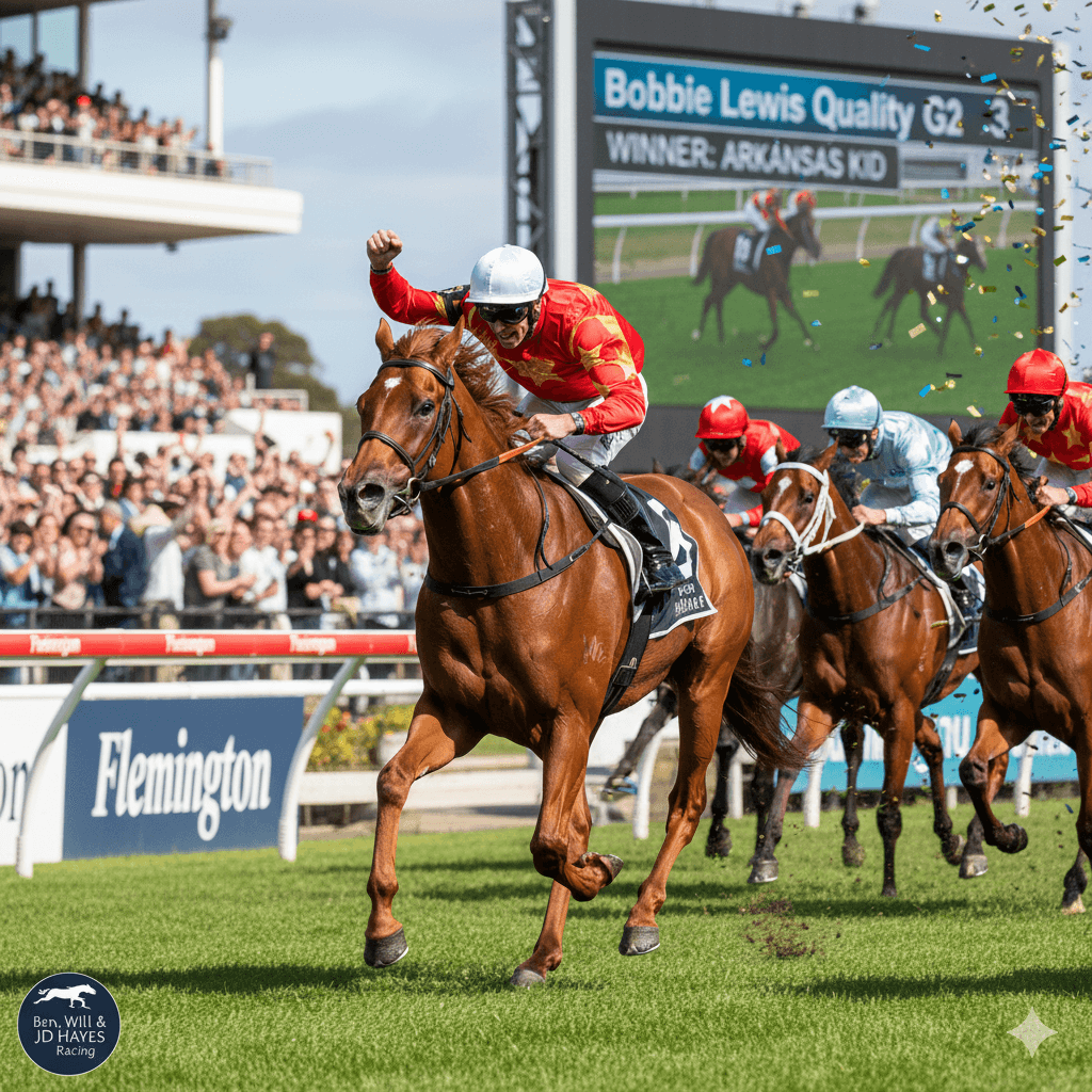 Arkansaw Kid, ridden by Craig Newitt, claims back-to-back Bobbie Lewis Quality victories at Flemington Racecourse, Melbourne, Australia.