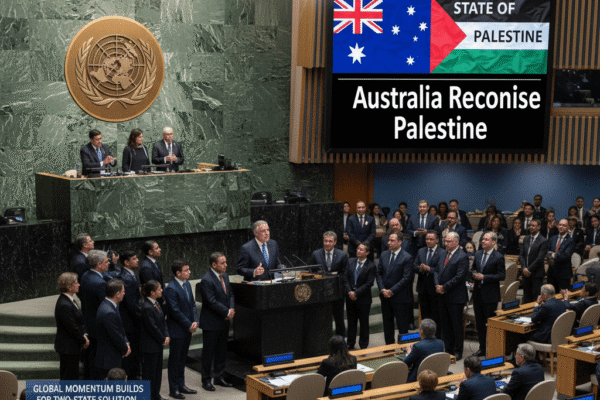 A photo of the Australian flag alongside the Palestinian flag, with the UN General Assembly building in the background, symbolizing Australia's recognition of Palestine.