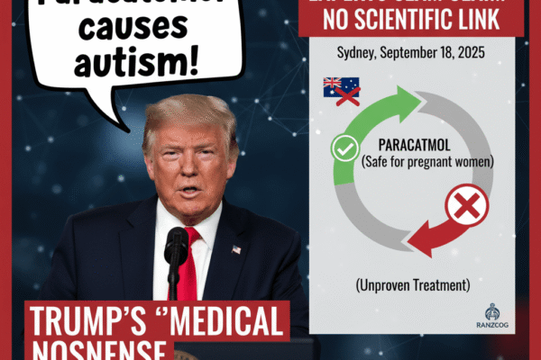 Donald Trump makes a speech, with a bubble saying "Paracetamol causes autism!" An adjacent infographic refutes this, confirming paracetamol's safety.