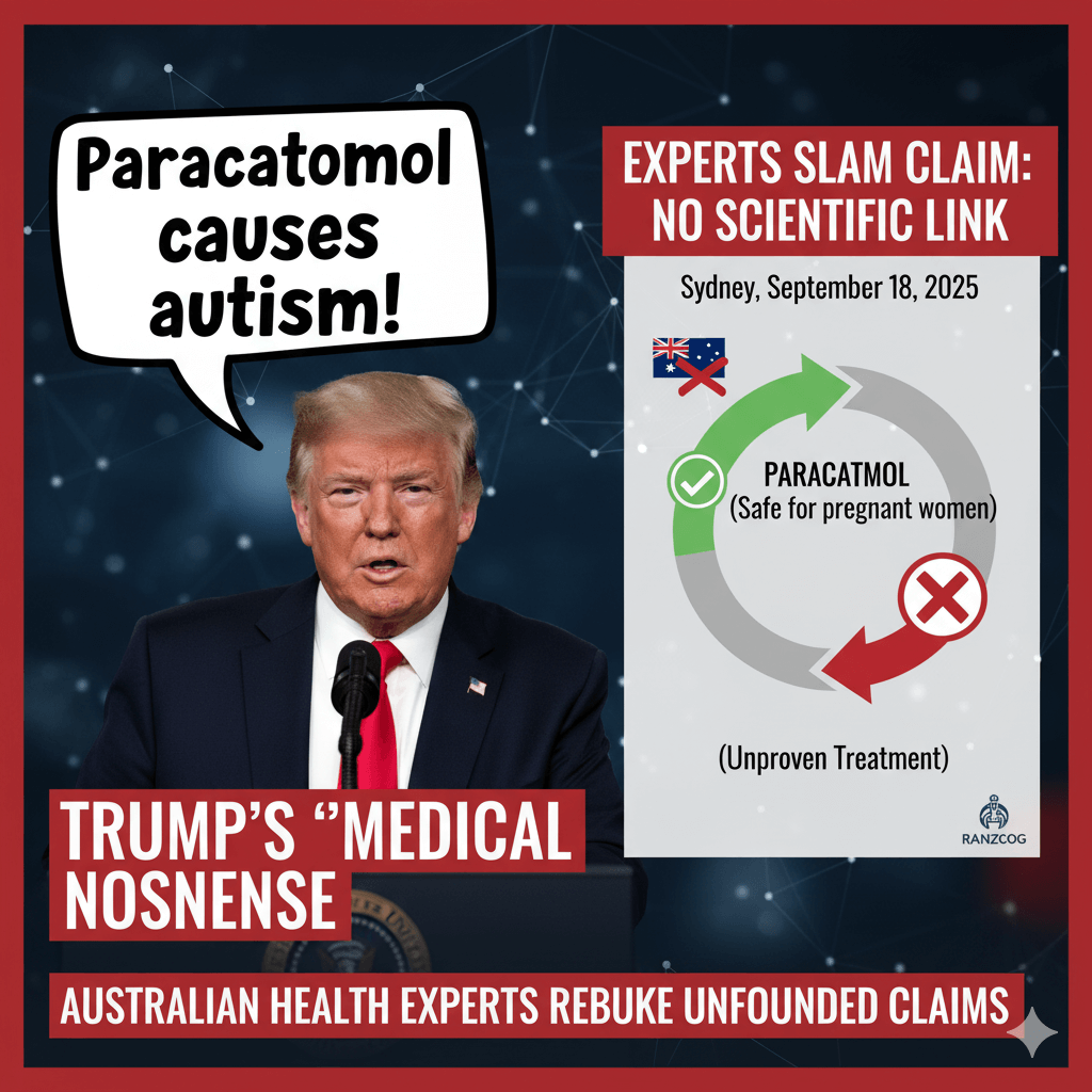 Donald Trump makes a speech, with a bubble saying "Paracetamol causes autism!" An adjacent infographic refutes this, confirming paracetamol's safety.