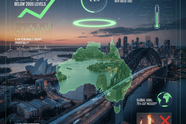 An infographic overlays Sydney's cityscape at dusk, detailing Australia's 2035 emissions target, economic projections, and climate goals.