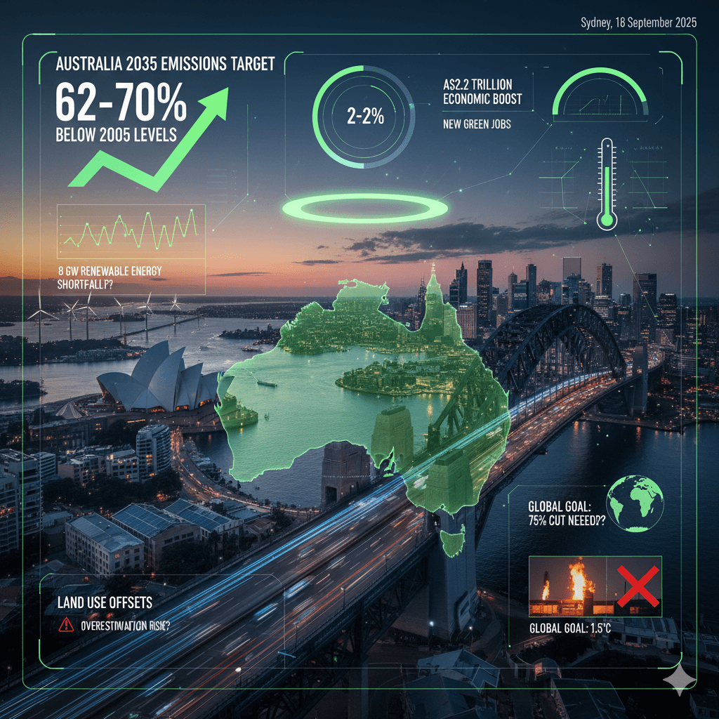 An infographic overlays Sydney's cityscape at dusk, detailing Australia's 2035 emissions target, economic projections, and climate goals.