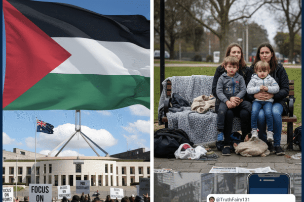 A composite image depicting a protest in Sydney with a diverse group of Australian-Israelis holding signs demanding the recognition of Palestine, featuring the Palestinian flag and messages like "Recognize Palestine" and "UN General Assembly."