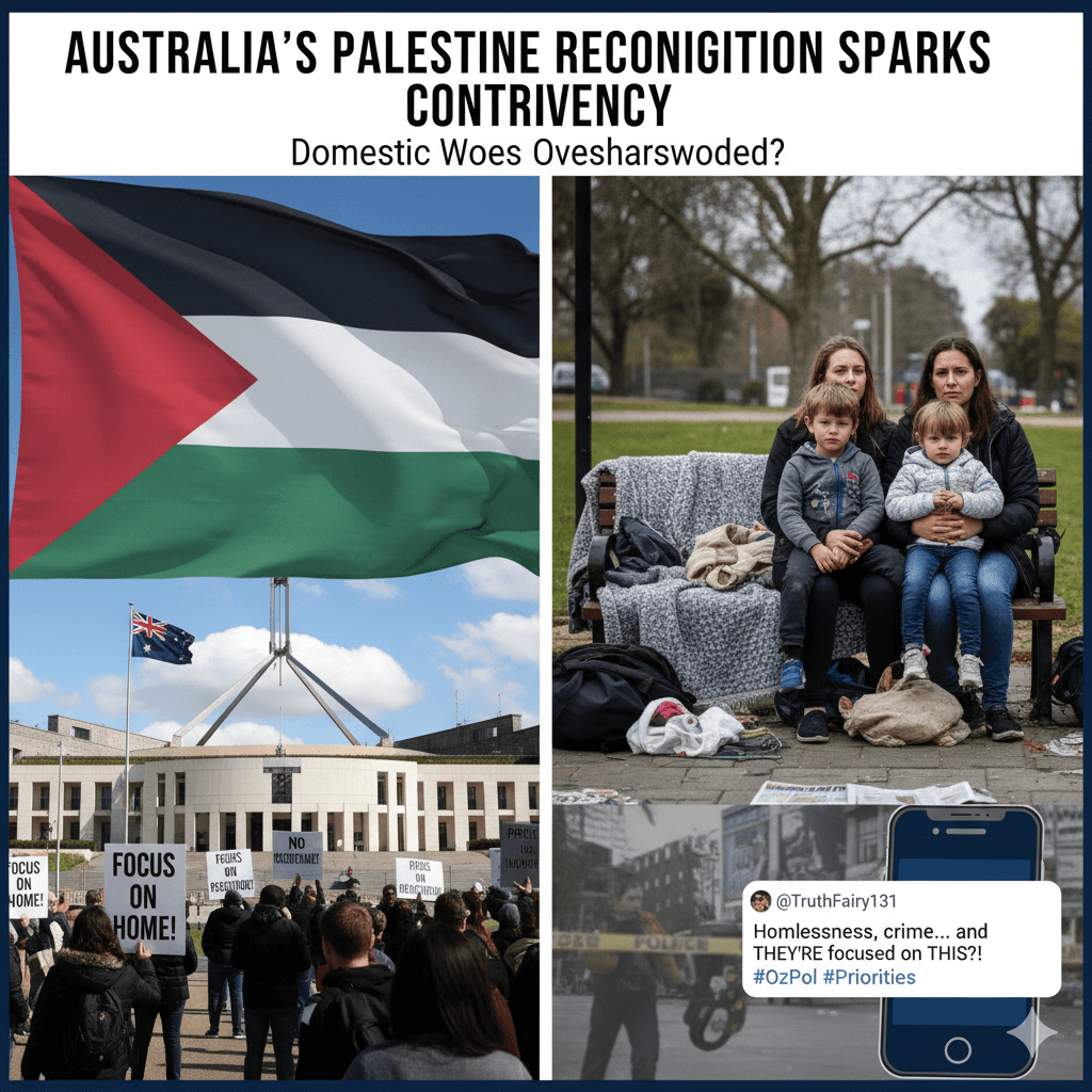 A composite image depicting a protest in Sydney with a diverse group of Australian-Israelis holding signs demanding the recognition of Palestine, featuring the Palestinian flag and messages like "Recognize Palestine" and "UN General Assembly."