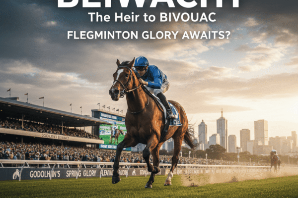 A majestic racehorse, Beiwacht, galloping on a track with a focused jockey, surrounded by a cheering crowd at Flemington Racecourse, with Godolphin logo in the background.