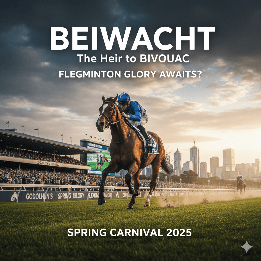 A majestic racehorse, Beiwacht, galloping on a track with a focused jockey, surrounded by a cheering crowd at Flemington Racecourse, with Godolphin logo in the background.