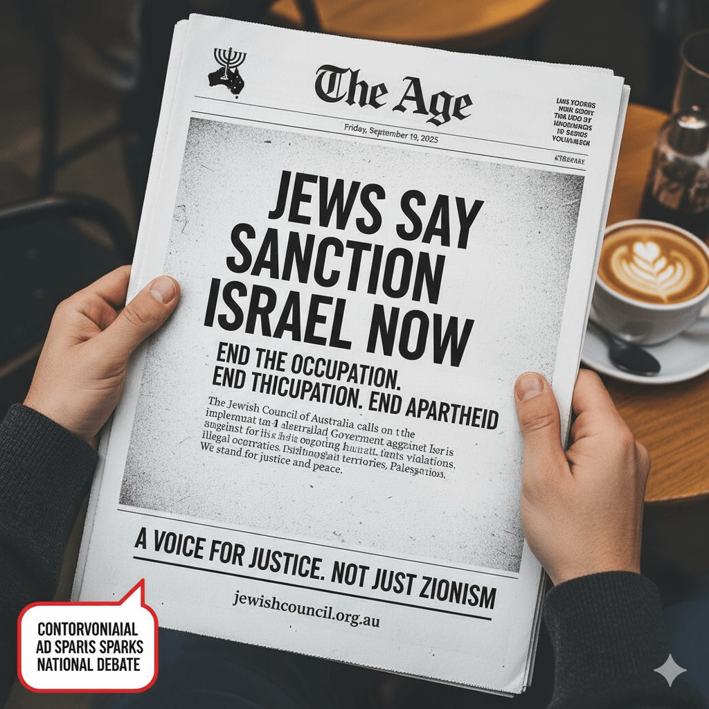 Hands hold a newspaper headline "JEWS SAY SANCTION ISRAEL NOW" with "END THE OCCUPATION. END APARTHEID," sparking national debate.