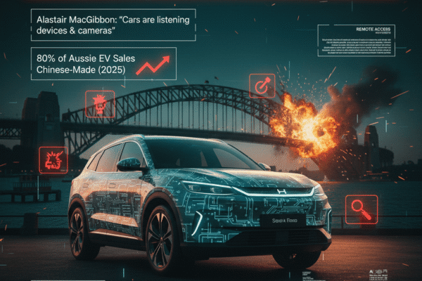An electric vehicle with circuit patterns on its surface, set against the Sydney Harbour Bridge. Explosions and warning icons highlight cyber risks.