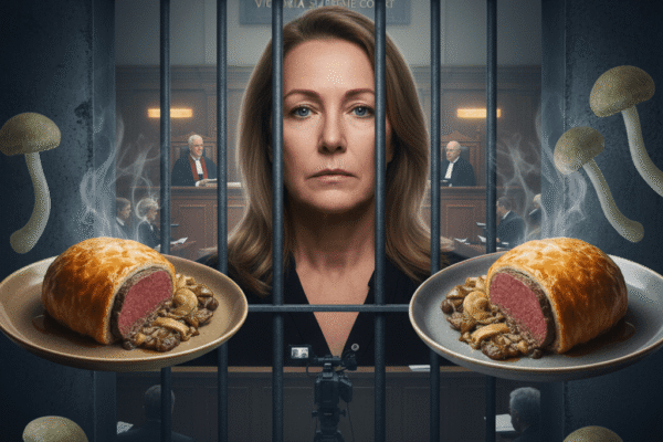 A somber composite image featuring a woman with a serious expression behind prison bars, superimposed over a courtroom scene with judges. Flanking her are two plates of beef Wellington, one on a tan plate and the other on a grey plate, surrounded by death cap mushrooms.