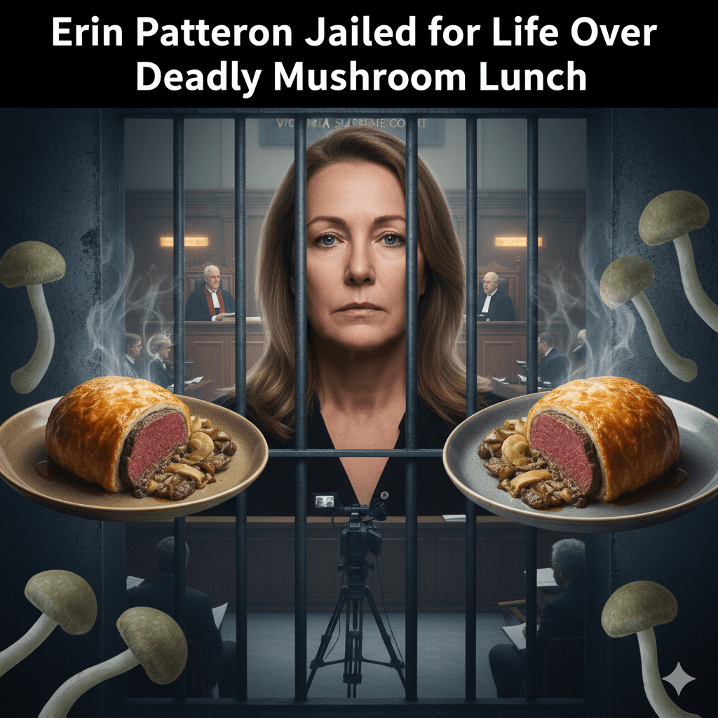 A somber composite image featuring a woman with a serious expression behind prison bars, superimposed over a courtroom scene with judges. Flanking her are two plates of beef Wellington, one on a tan plate and the other on a grey plate, surrounded by death cap mushrooms.