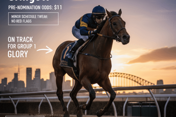 A racehorse named Gringott with a jockey runs on a track at sunset, with a city skyline and bridge in the background. Text highlights odds and race details.