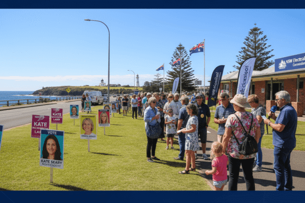 A sunny outdoor scene in Kiama, NSW, with a queue of diverse voters lined up outside a polling station building.