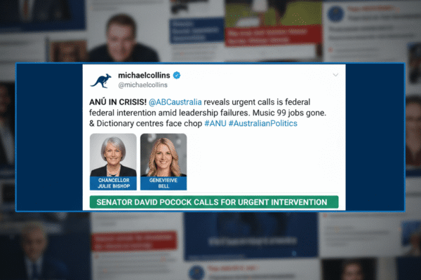 Image of ANU campus with protest signs, symbolizing leadership crisis. Chancellor Julie Bishop and Vice-Chancellor Genevieve Bell face pressure amid 399 job cuts.