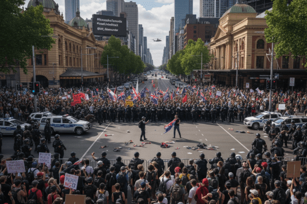 An overhead view of a large street protest in an Australian city. Many people are gathered, some holding flags, with a line of police officers separating different groups.