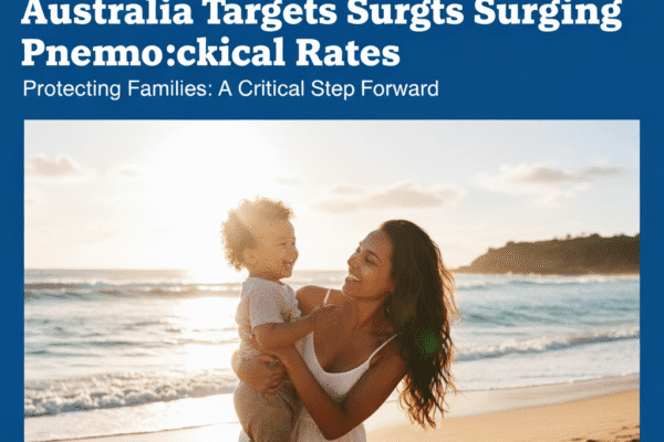 A mother and child smiling on a beach at sunset, with "The Australian" logo and vaccine information.