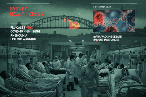 News anchor reporting on Sydney's health crisis with city skyline at night.