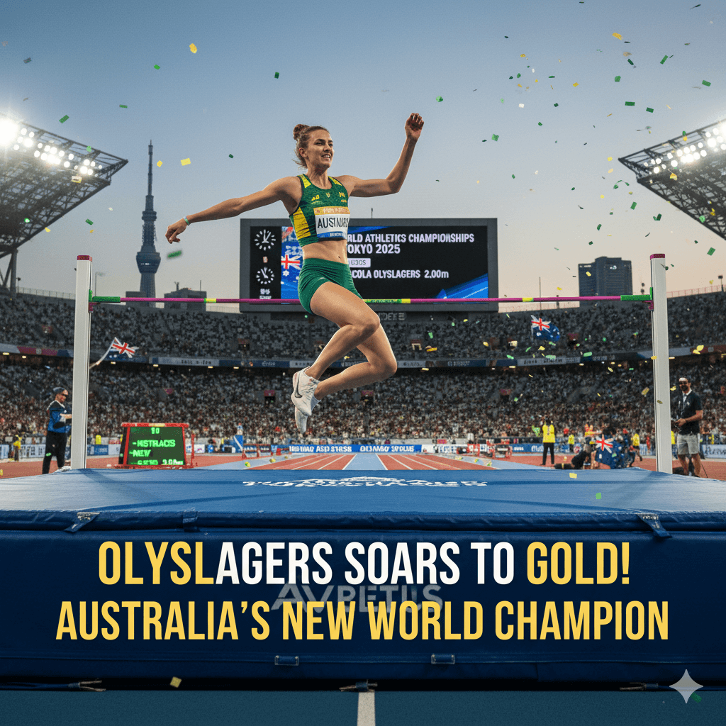 Image of Nicola Olyslagers celebrating her gold medal win at the 2025 World Athletics Championships in Tokyo, holding an Australian flag.