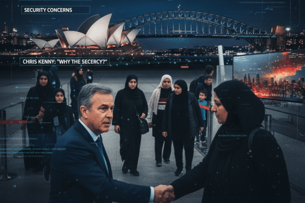 Image of Home Affairs Minister Tony Burke greeting Gazan refugees at Sydney airport, with a small group arriving quietly, amid security and transparency concerns.