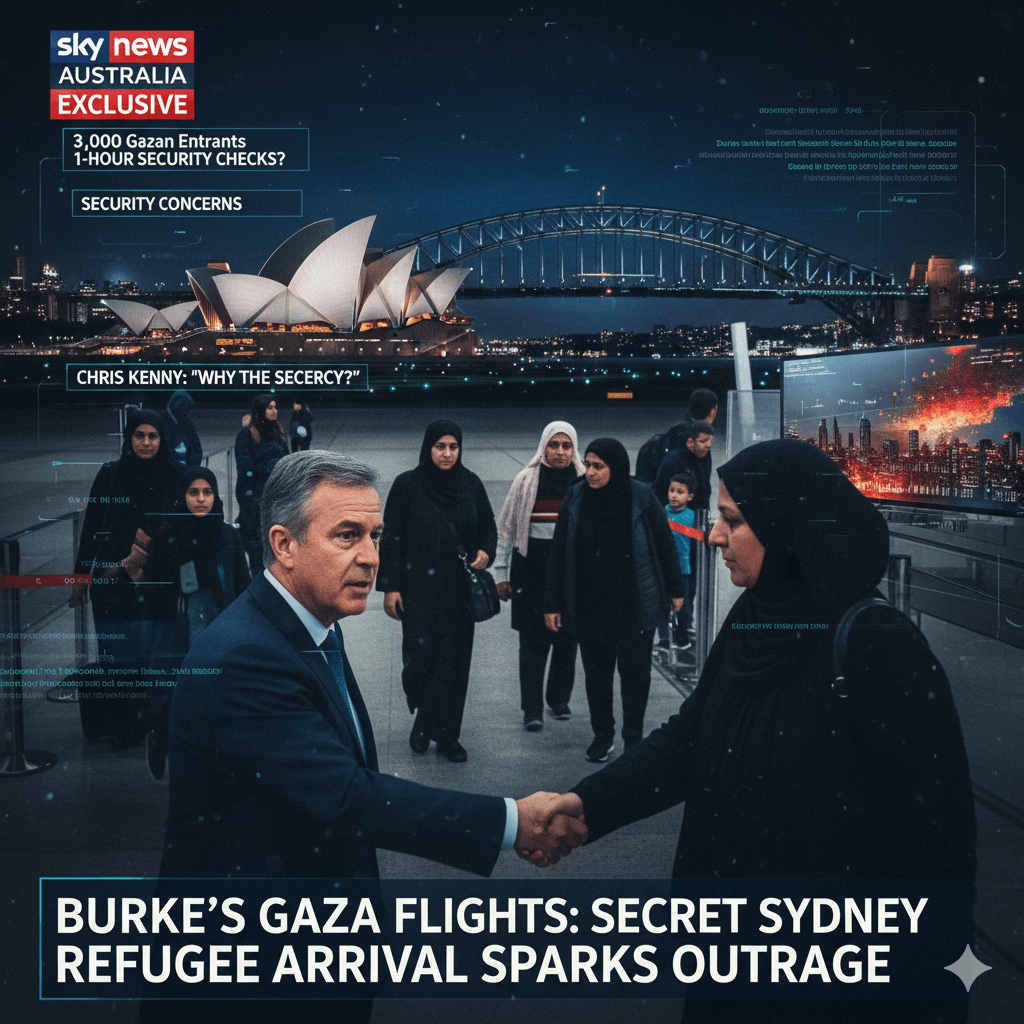 Image of Home Affairs Minister Tony Burke greeting Gazan refugees at Sydney airport, with a small group arriving quietly, amid security and transparency concerns.