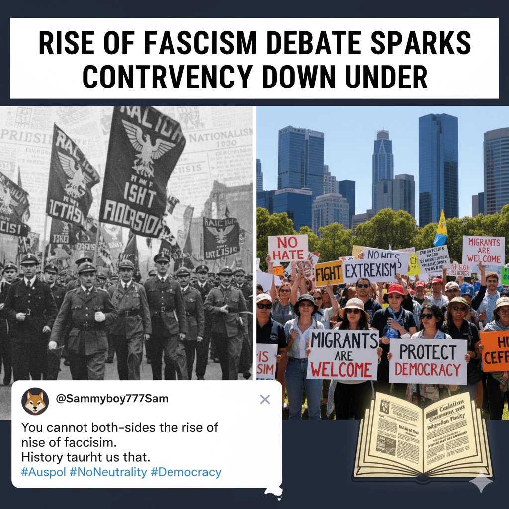 A news article headline reads "Rise of Fascism Debate Sparks Controversy Down Under" with a background image of a diverse Australian cityscape, including the Sydney Opera House and Harbour Bridge.