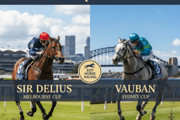 Two racehorses, Sir Delius and Vauban, stand on a green racetrack field, held by trainers in dark uniforms. The horses are adorned with racing gear, with a racetrack and clear sky in the background, symbolizing their preparation for the Melbourne and Sydney Cups in September 2025 under the guidance of trainer Gai Waterhouse.