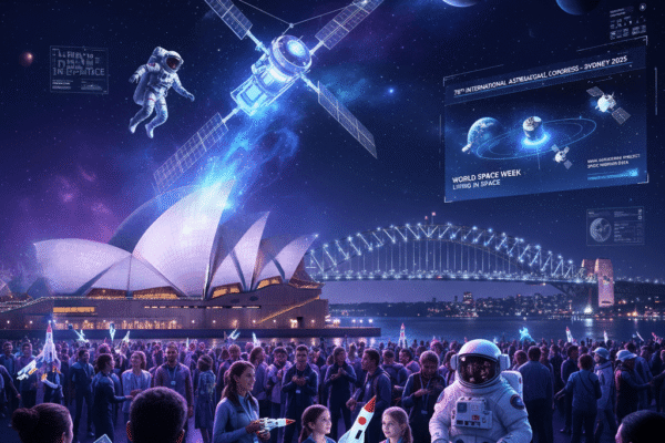 A spacious indoor venue with workers setting up for a large event, featuring machinery, booths, and a "COSMIC CAPITAL" banner, indicating a space-themed gathering.