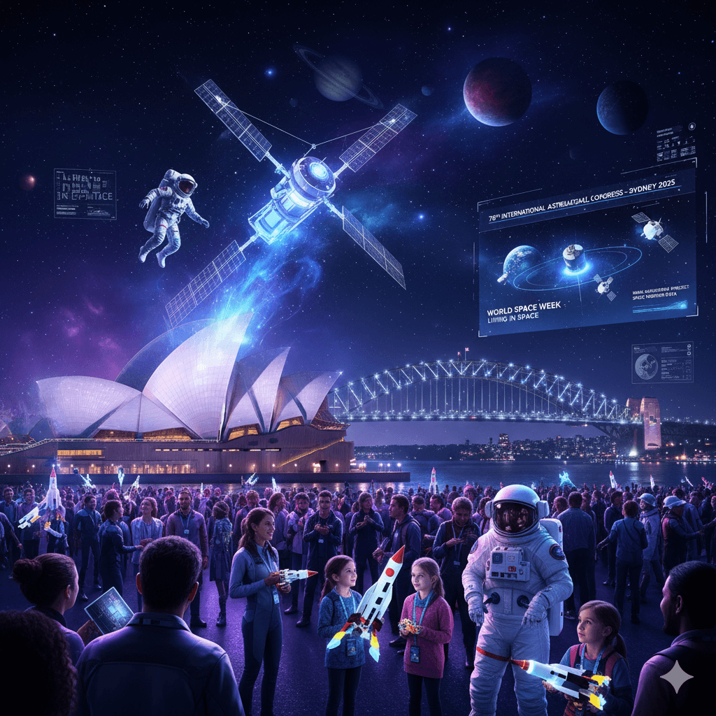 A spacious indoor venue with workers setting up for a large event, featuring machinery, booths, and a "COSMIC CAPITAL" banner, indicating a space-themed gathering.