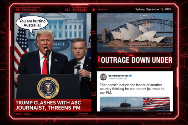 A news graphic featuring Donald Trump at a podium saying "You are hurting Australia!", an image of Sydney, and a tweet by Senator David Pocock.