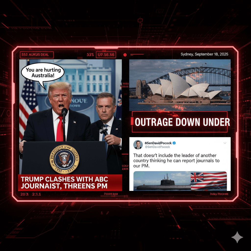 A news graphic featuring Donald Trump at a podium saying "You are hurting Australia!", an image of Sydney, and a tweet by Senator David Pocock.