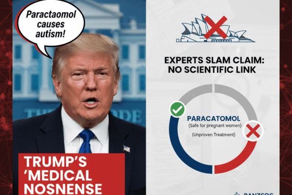 Image shows US President Donald Trump speaking at a podium with a "MEDICAL NONSENSE" label, surrounded by blurred circular objects, reported by 7NEWS Sydney.