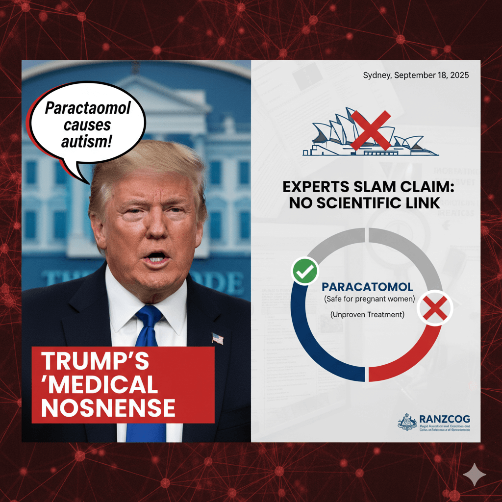 Image shows US President Donald Trump speaking at a podium with a "MEDICAL NONSENSE" label, surrounded by blurred circular objects, reported by 7NEWS Sydney.