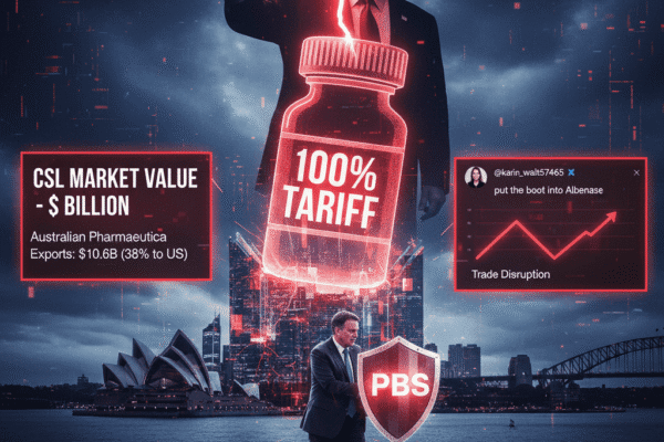 Donald Trump, as a giant figure, casts a glowing "100% TARIFF" pill over Sydney. Below, PM Albanese shields "PBS" as text details CSL's market value loss and trade disruption.