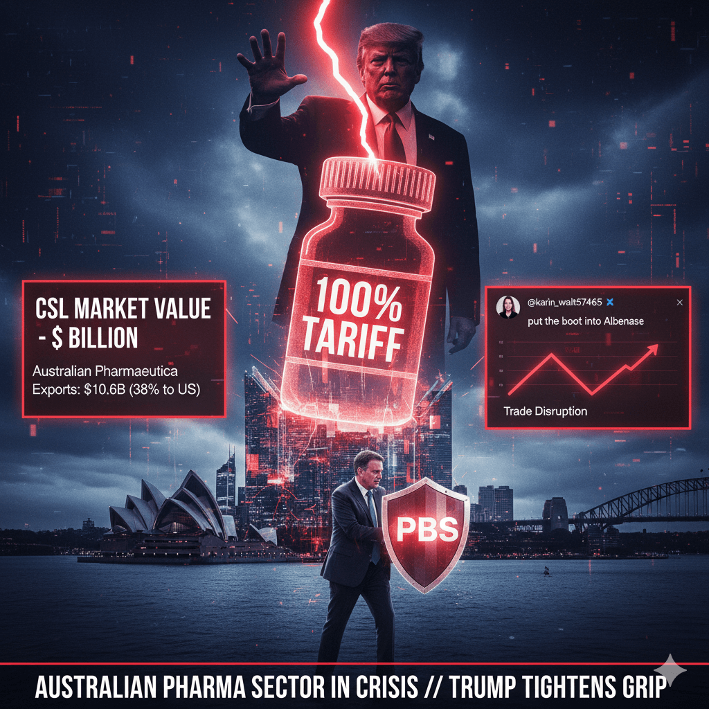 Donald Trump, as a giant figure, casts a glowing "100% TARIFF" pill over Sydney. Below, PM Albanese shields "PBS" as text details CSL's market value loss and trade disruption.