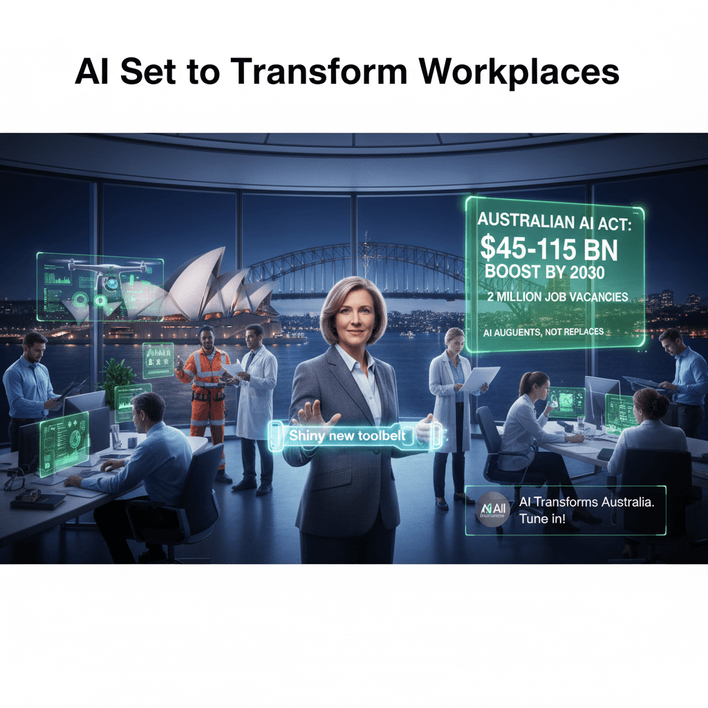 A photo of Employment Minister Amanda Rishworth speaking at a podium, with the Australian flag in the background, symbolizing government plans to integrate AI into workplaces.