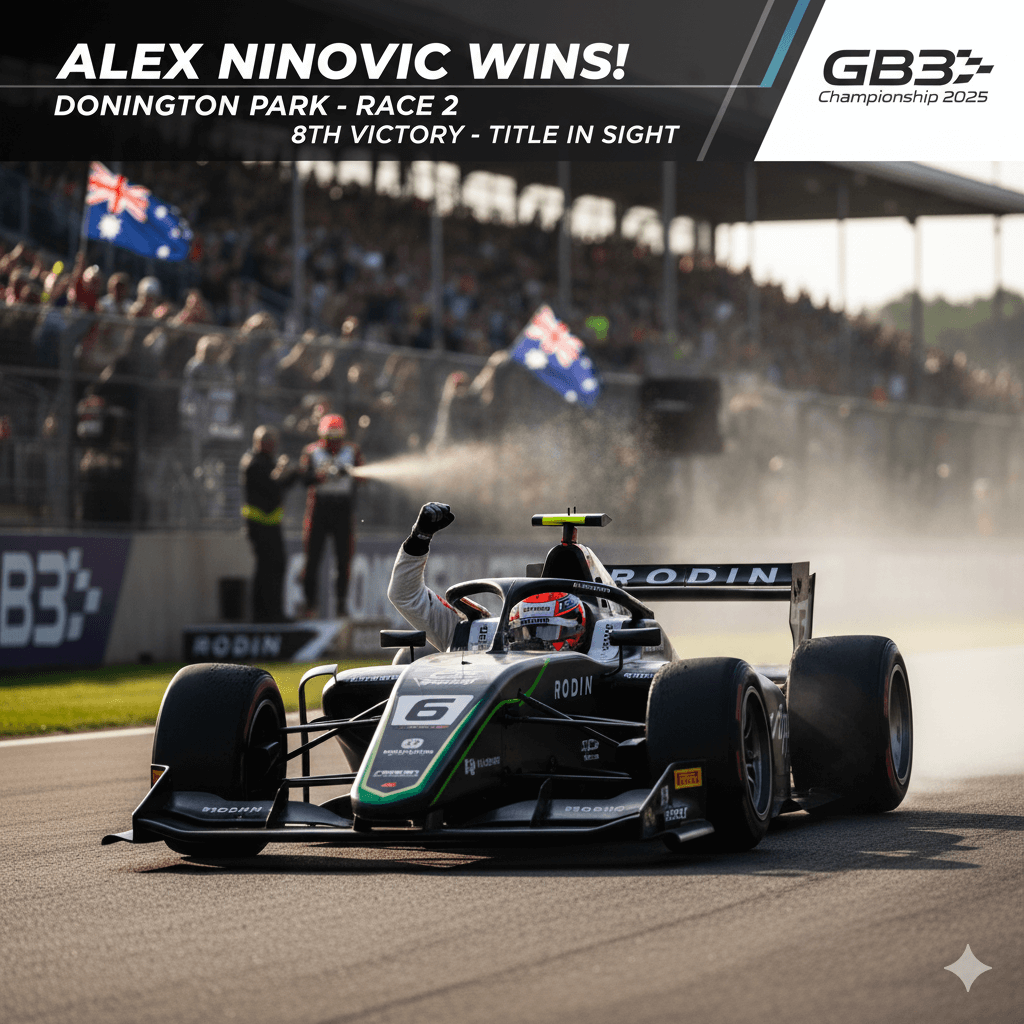 Alex Ninovic in his Rodin Motorsport car raises his fist in triumph on the track at Donington Park, with cheering crowds and Australian flags in the background.