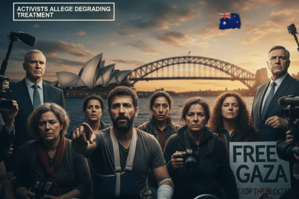 Seven Australian activists detained after a Gaza aid flotilla was intercepted by Israel allege degrading treatment, sparking protests and global debate.