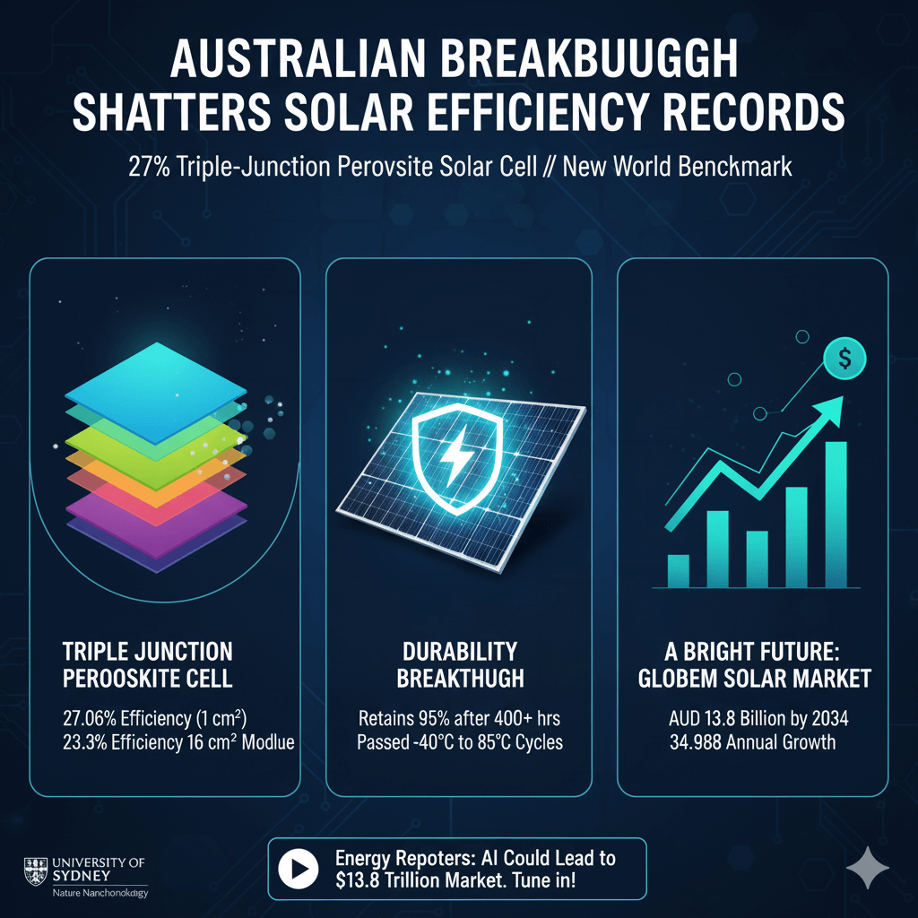 Image of University of Sydney researchers holding a small, high-efficiency perovskite solar cell with three layered semiconductors, showcasing a breakthrough in solar technology.
