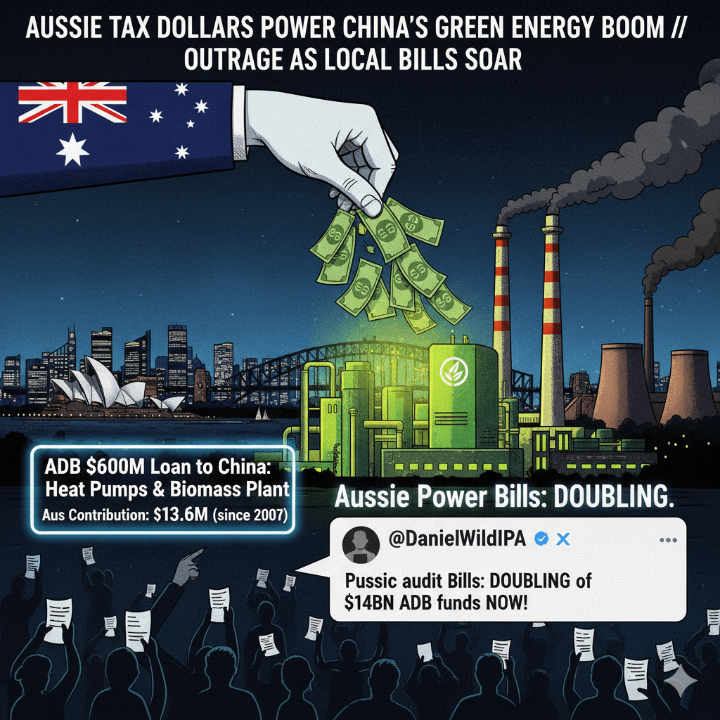 A hand with an Australian flag sleeve gives money to a green energy plant, with a polluted background.