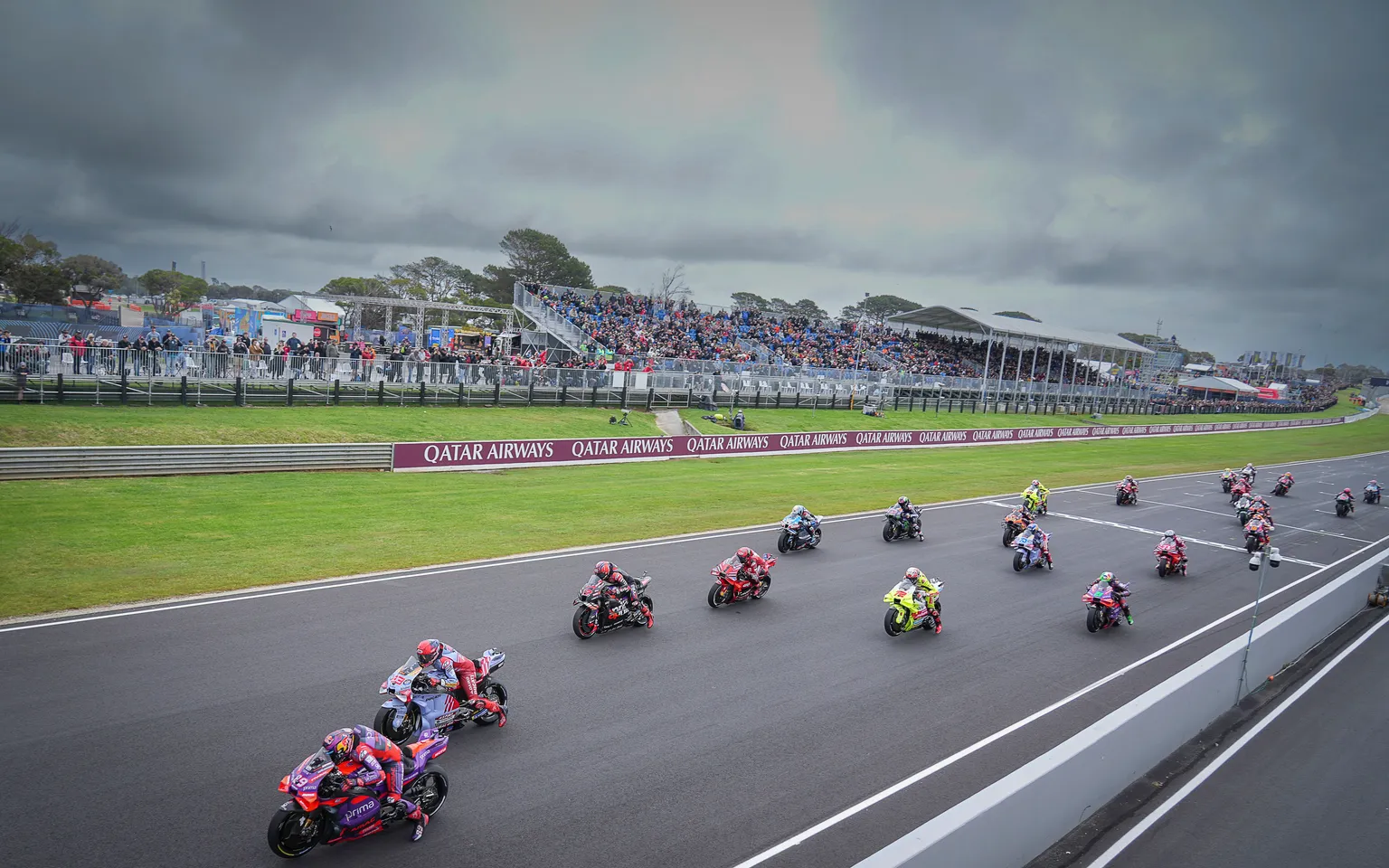 MotoGP riders racing on Phillip Island circuit with the coastline in the background.