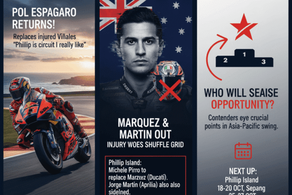 Three panels: Pol Espargaro on a KTM bike, a striking image of Marc Marquez with a red 'X' over his helmet and an Australian flag backdrop, and a podium graphic.