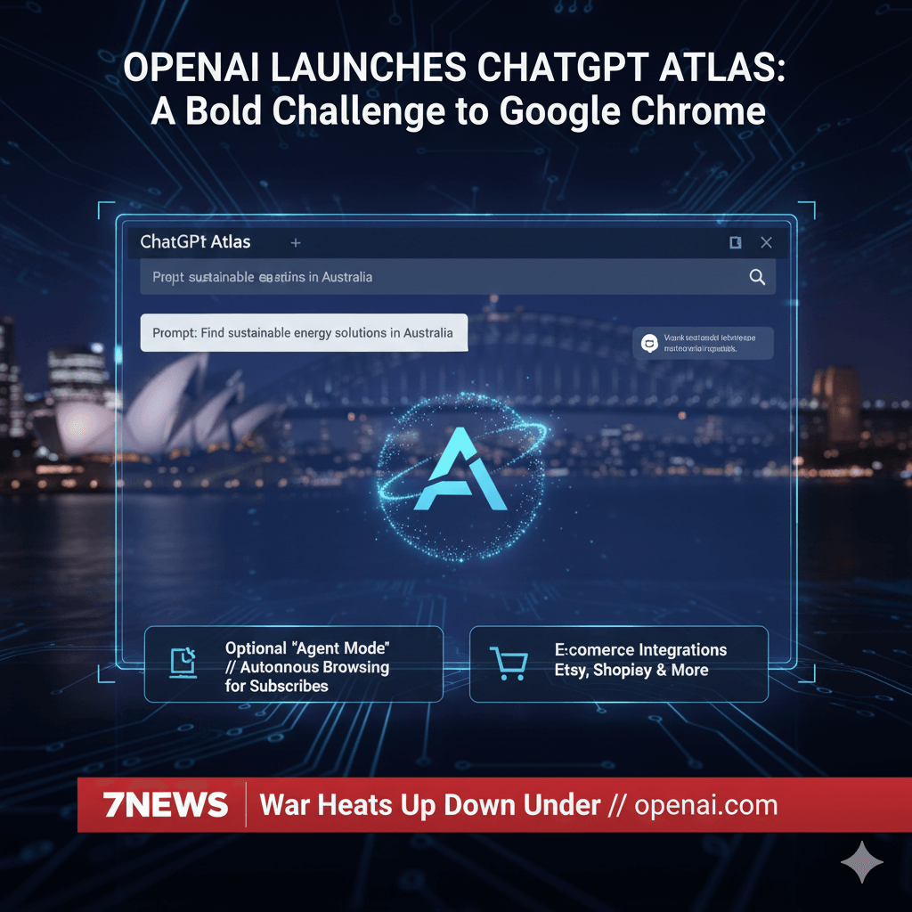 A glowing "A" logo floats above a translucent ChatGPT Atlas browser interface, superimposed over a futuristic Sydney skyline at night, showcasing AI features and e-commerce integrations.