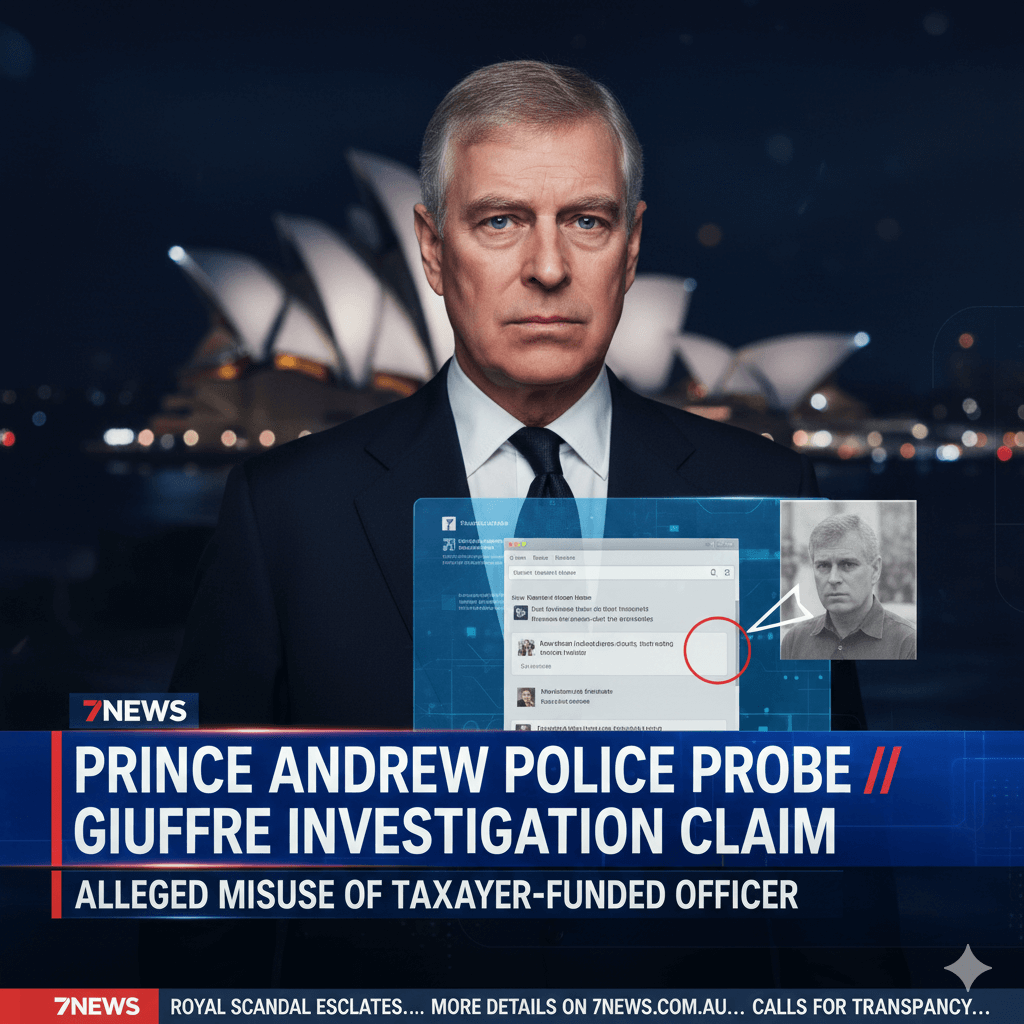 Prince Andrew stands in front of the Sydney Opera House at night, with a translucent screen overlay showing a police investigation graphic and his image.