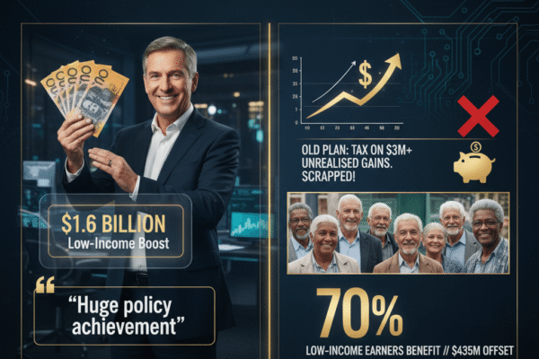 Treasurer Jim Chalmers smiles, holding Australian banknotes. Infographics detail a $1.6 billion boost, scrapped super tax, and an image of diverse seniors, showing 70% benefit.