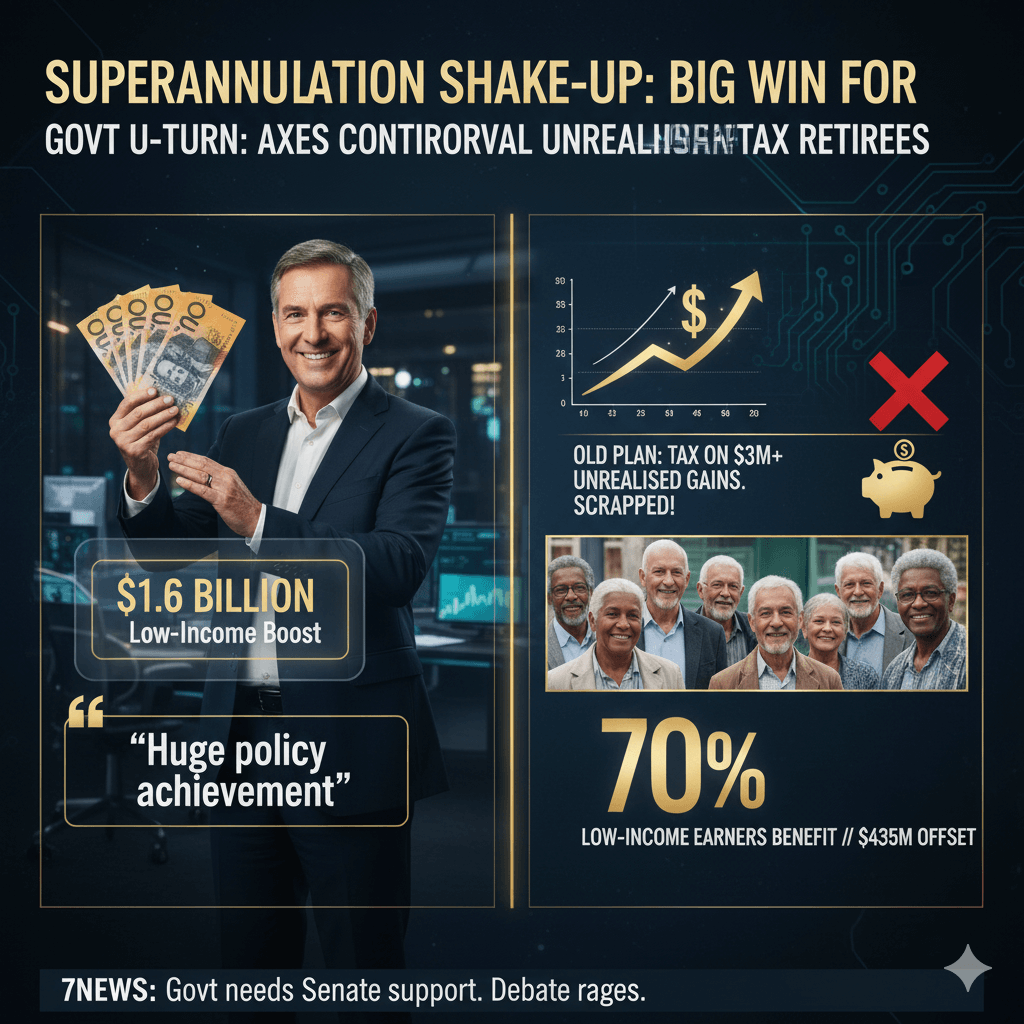 Treasurer Jim Chalmers smiles, holding Australian banknotes. Infographics detail a $1.6 billion boost, scrapped super tax, and an image of diverse seniors, showing 70% benefit.